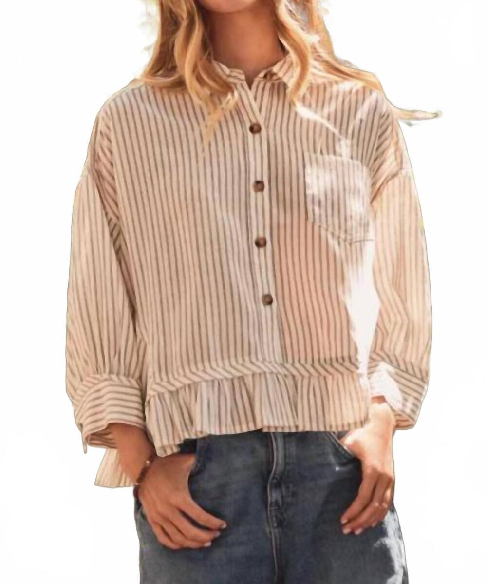 NEW ODDI cropped button up shirt with ruffle hem - plus in tan striped